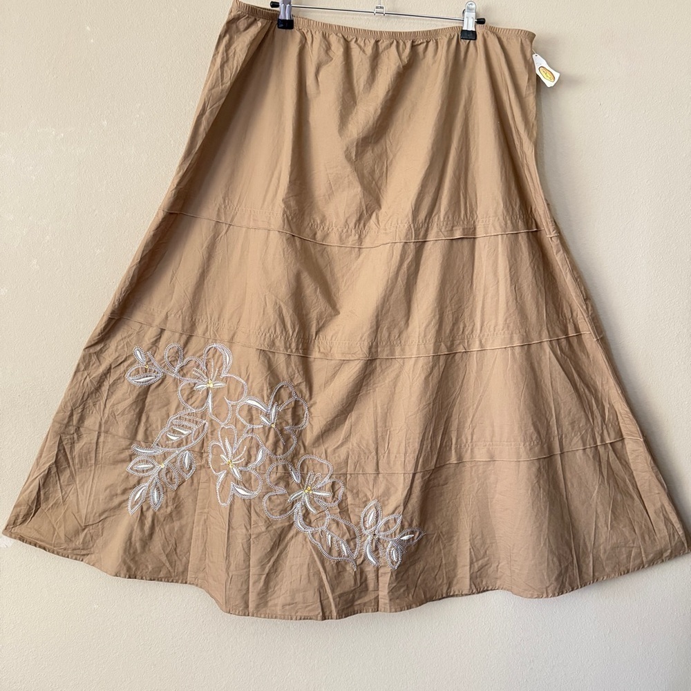 NWT Talbots Cotton Tan Midi Embroidered A-Line Skirt Size XL